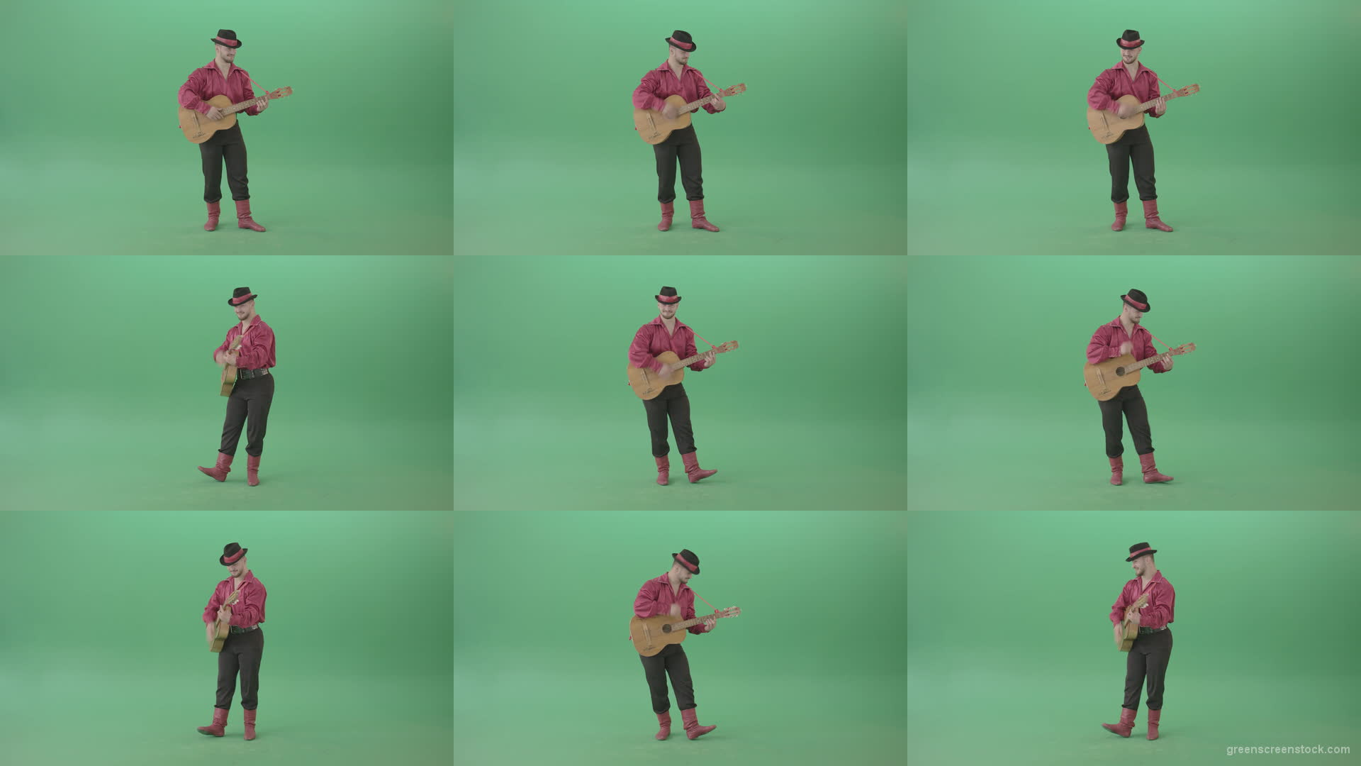 Balkan-Gipsy-man-in-red-shirt-playing-guitar-isolated-on-green-screen-4K-Video-Footage-1920 Green Screen Stock