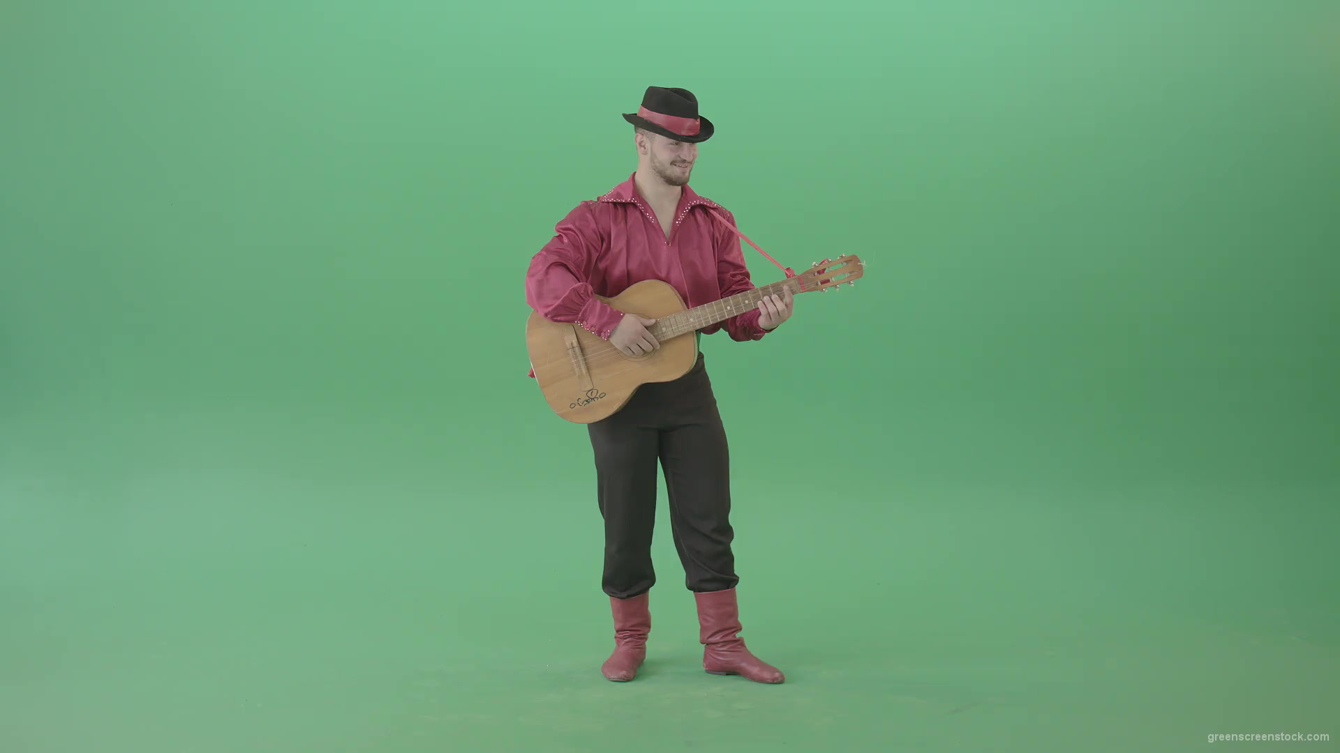 Balkan-Gipsy-man-in-red-shirt-playing-guitar-isolated-on-green-screen-4K-Video-Footage-1920_001 Green Screen Stock