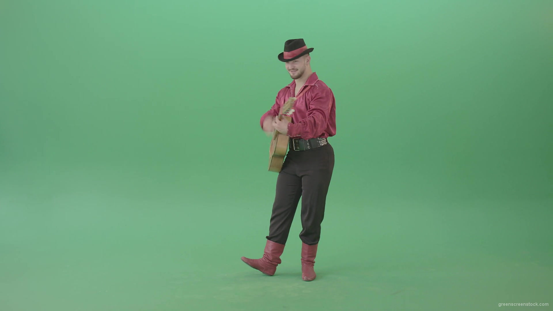Balkan-Gipsy-man-in-red-shirt-playing-guitar-isolated-on-green-screen-4K-Video-Footage-1920_004 Green Screen Stock