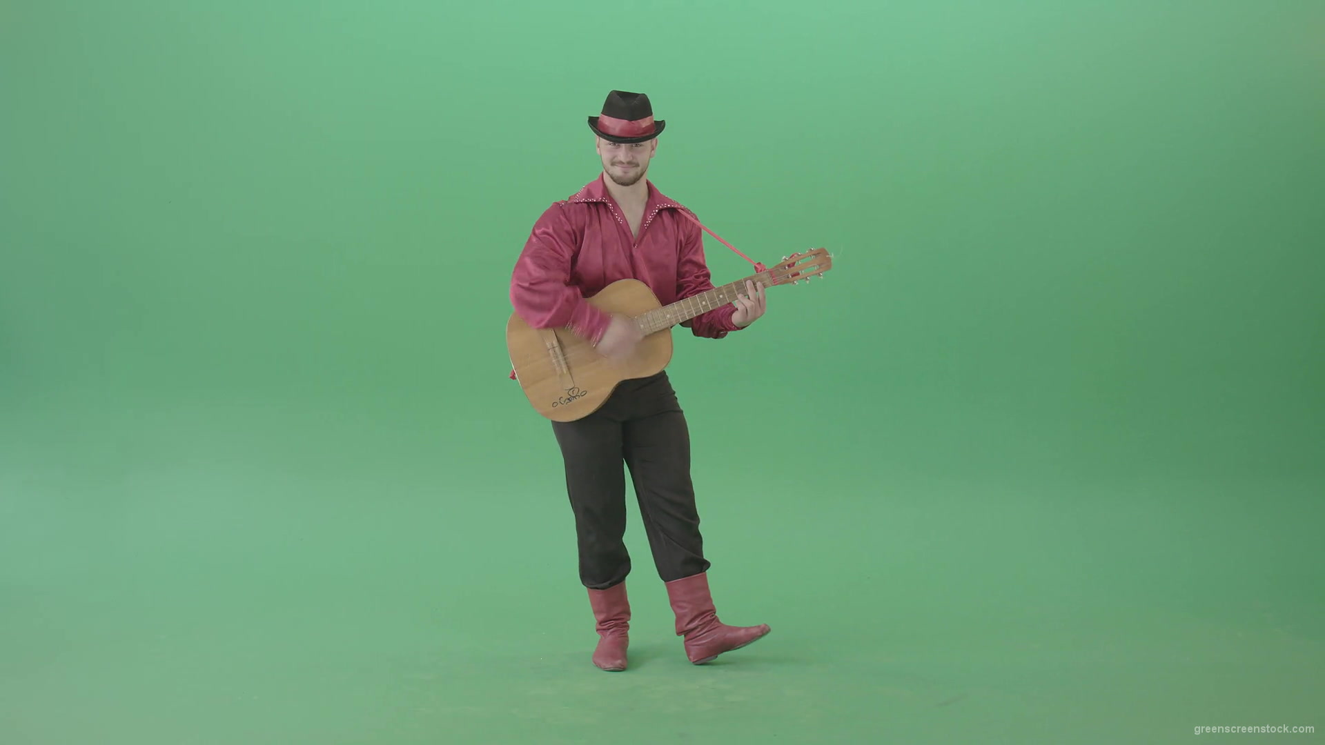 Balkan-Gipsy-man-in-red-shirt-playing-guitar-isolated-on-green-screen-4K-Video-Footage-1920_005 Green Screen Stock