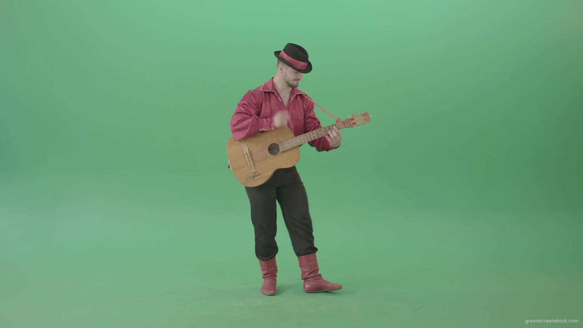 Balkan-Gipsy-man-in-red-shirt-playing-guitar-isolated-on-green-screen-4K-Video-Footage-1920_006 Green Screen Stock