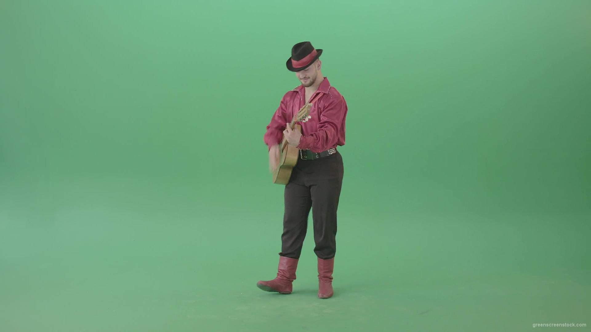 Balkan-Gipsy-man-in-red-shirt-playing-guitar-isolated-on-green-screen-4K-Video-Footage-1920_007 Green Screen Stock