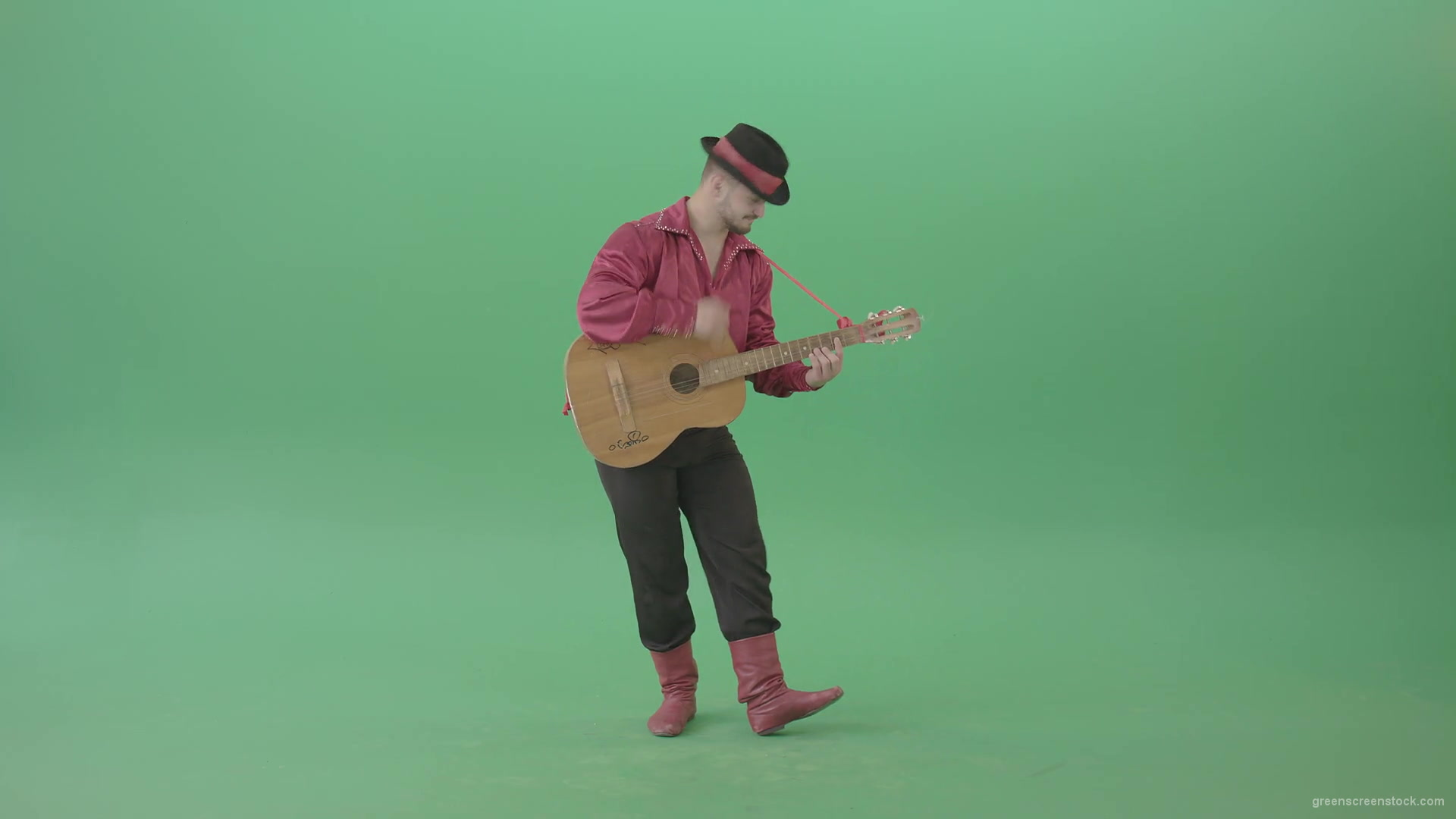 Balkan-Gipsy-man-in-red-shirt-playing-guitar-isolated-on-green-screen-4K-Video-Footage-1920_008 Green Screen Stock