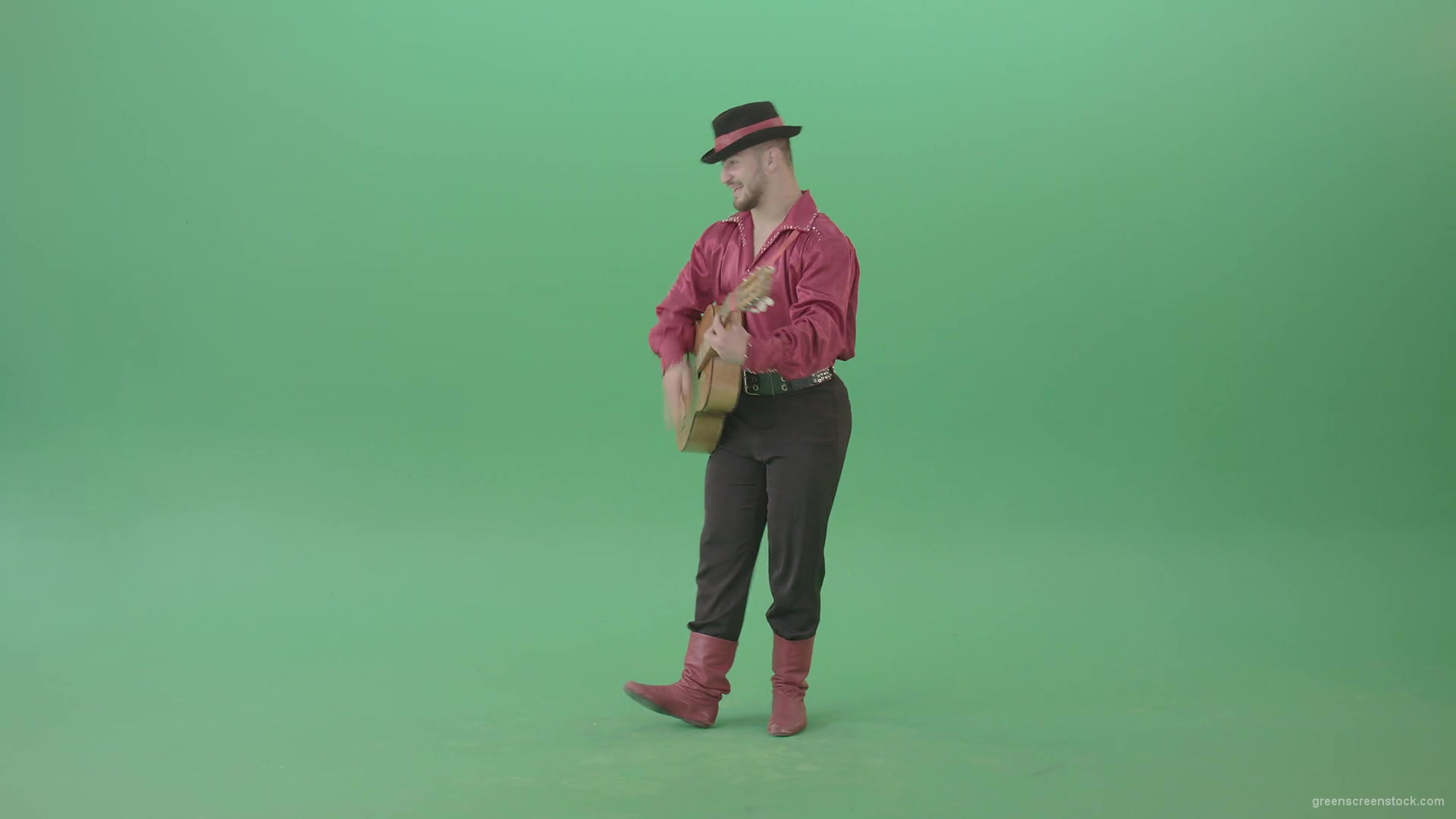 Balkan-Gipsy-man-in-red-shirt-playing-guitar-isolated-on-green-screen-4K-Video-Footage-1920_009 Green Screen Stock
