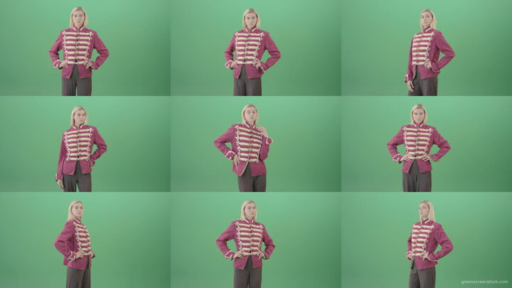 Blonde-Girl-in-Imperial-Royal-uniform-posing-and-shows-photomodel-gestures-isolated-on-Green-Screen-4K-Video-Footage-1920 Green Screen Stock
