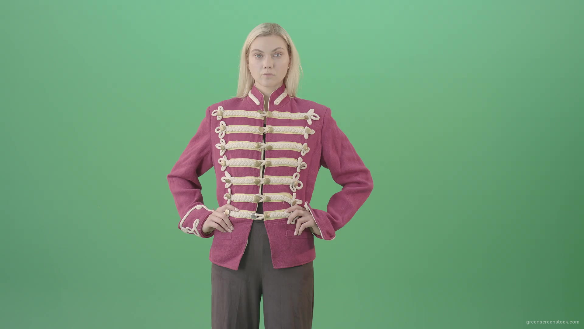 Blonde-Girl-in-Imperial-Royal-uniform-posing-and-shows-photomodel-gestures-isolated-on-Green-Screen-4K-Video-Footage-1920_001 Green Screen Stock