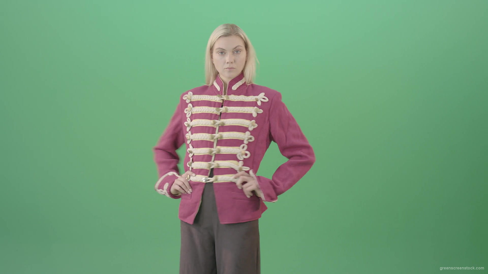 Blonde-Girl-in-Imperial-Royal-uniform-posing-and-shows-photomodel-gestures-isolated-on-Green-Screen-4K-Video-Footage-1920_002 Green Screen Stock