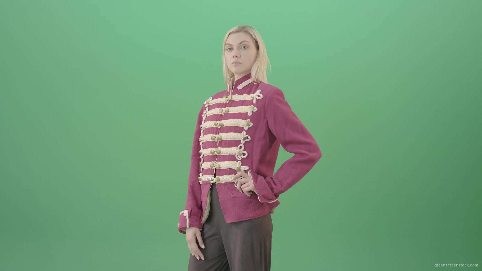 vj video background Blonde-Girl-in-Imperial-Royal-uniform-posing-and-shows-photomodel-gestures-isolated-on-Green-Screen-4K-Video-Footage-1920_003