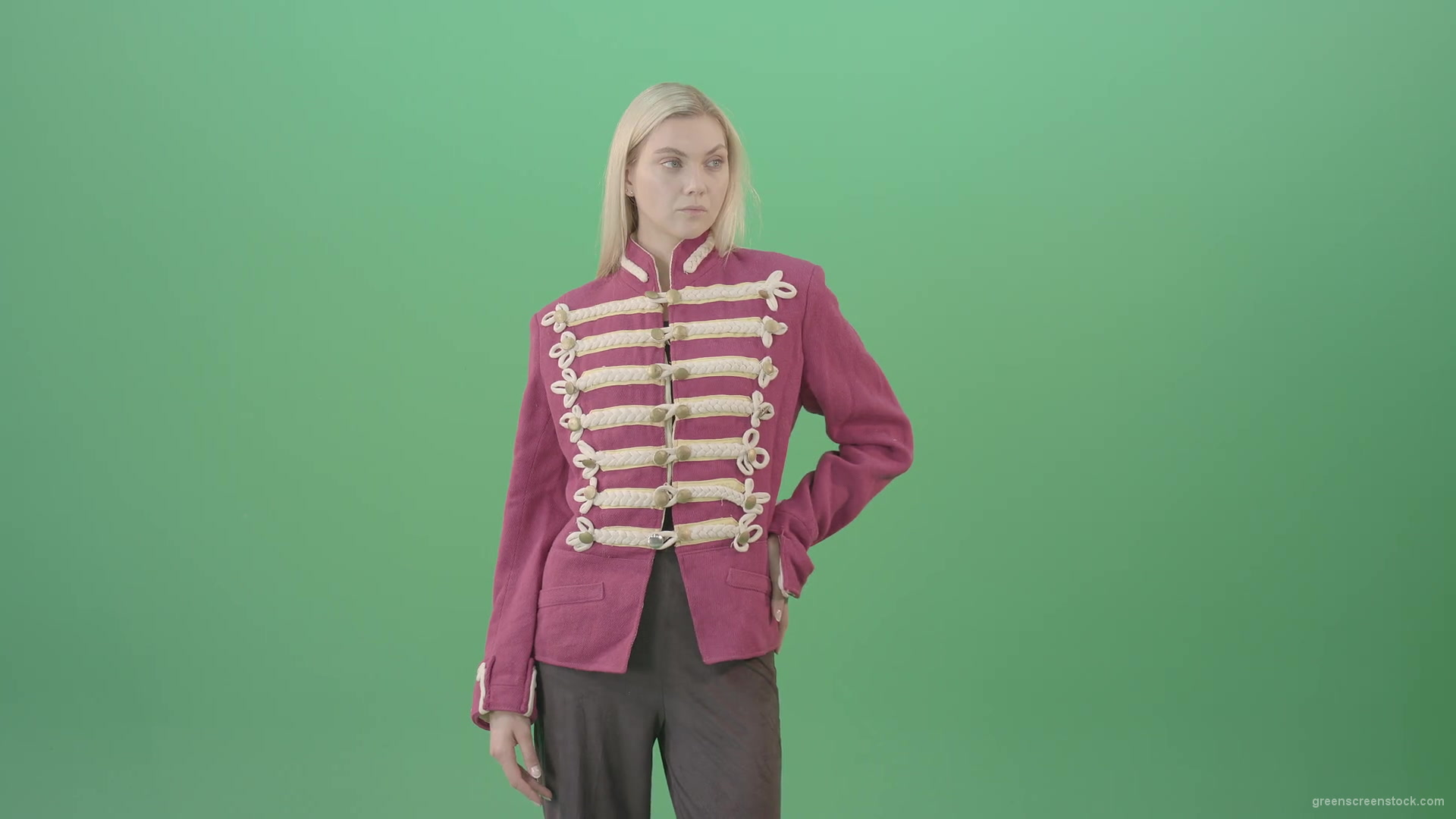 Blonde-Girl-in-Imperial-Royal-uniform-posing-and-shows-photomodel-gestures-isolated-on-Green-Screen-4K-Video-Footage-1920_004 Green Screen Stock