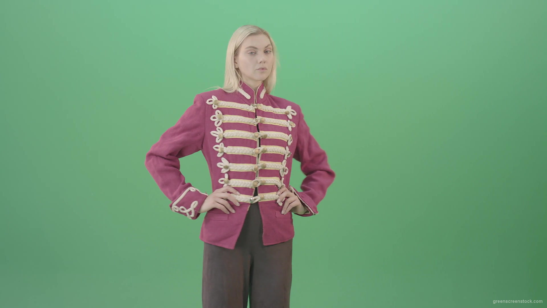 Blonde-Girl-in-Imperial-Royal-uniform-posing-and-shows-photomodel-gestures-isolated-on-Green-Screen-4K-Video-Footage-1920_008 Green Screen Stock