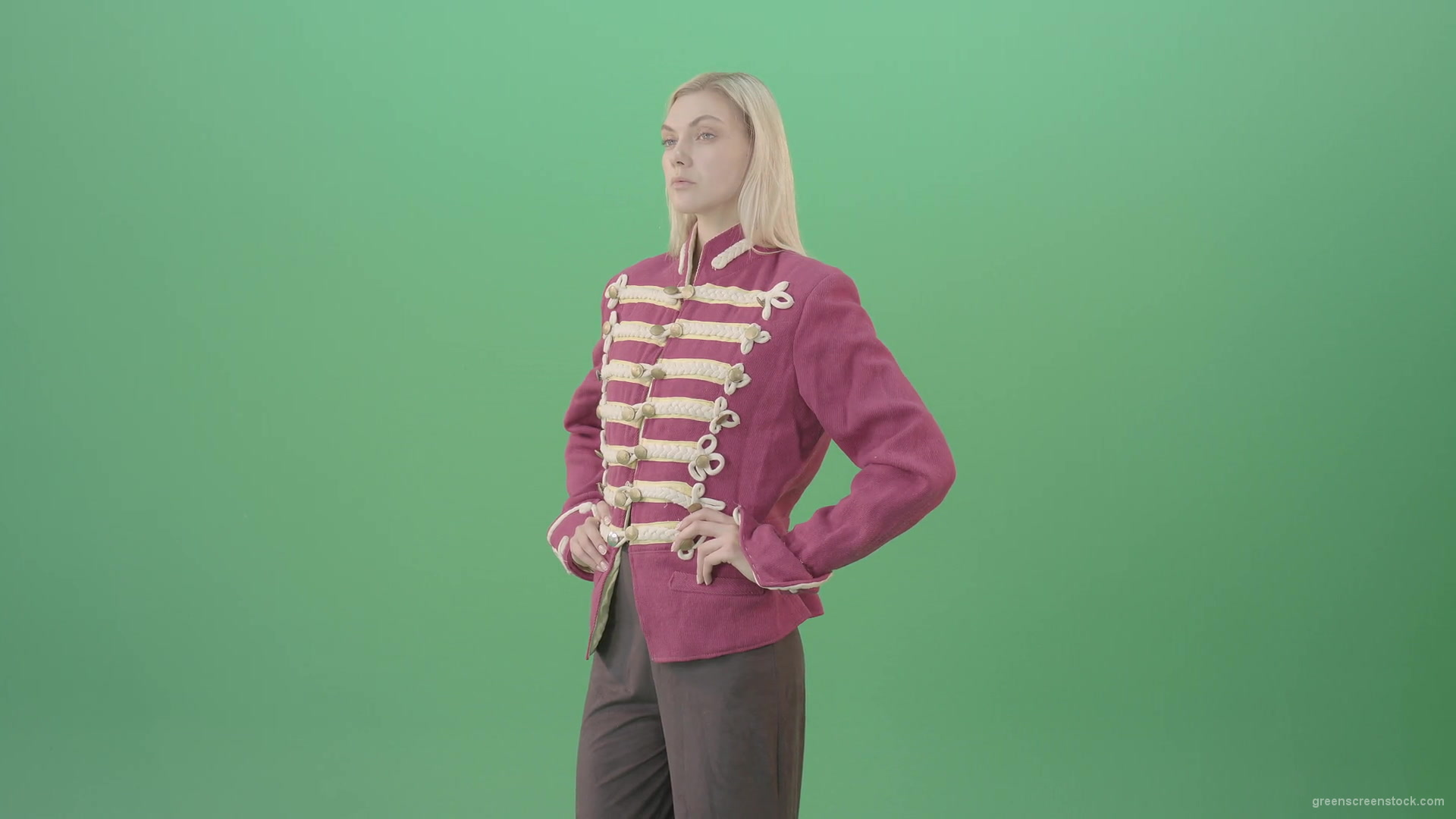 Blonde-Girl-in-Imperial-Royal-uniform-posing-and-shows-photomodel-gestures-isolated-on-Green-Screen-4K-Video-Footage-1920_009 Green Screen Stock