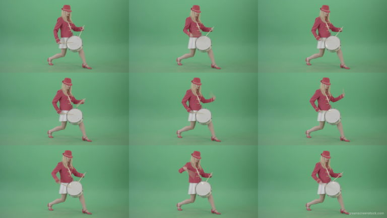 Blonde-Girl-in-Red-Uniform-making-beats-on-music-drum-instrument-in-active-pose-on-green-screen-4K-Video-Footage-1920 Green Screen Stock
