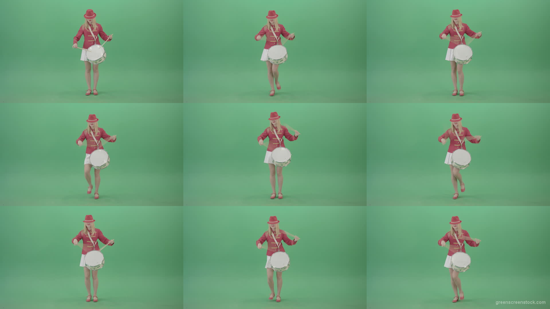 Blonde-Girl-playing-snare-drum-fast-and-marching-on-green-screen-4K-Video-Footage-1920 Green Screen Stock