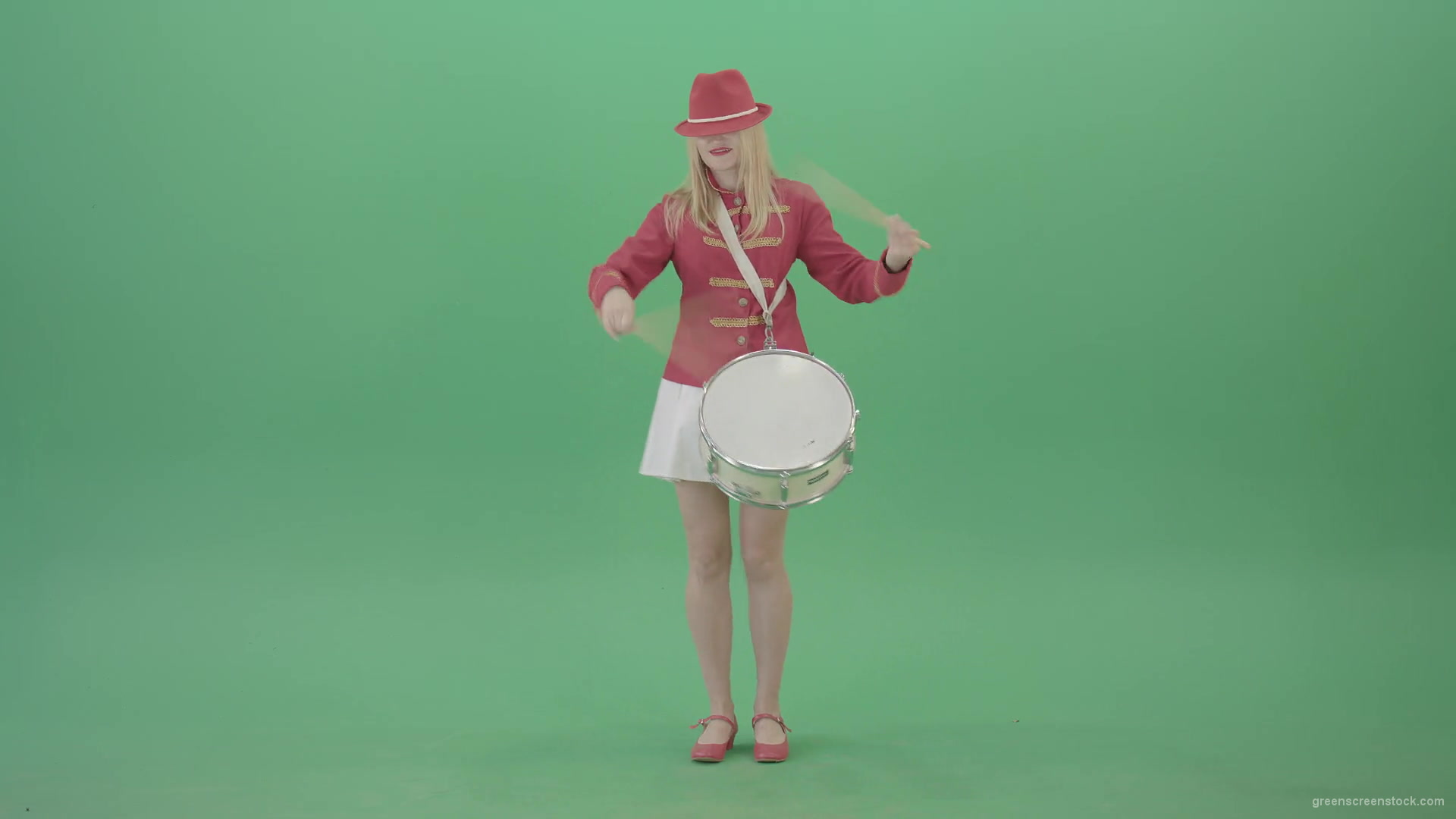 Blonde-Girl-playing-snare-drum-fast-and-marching-on-green-screen-4K-Video-Footage-1920_005 Green Screen Stock