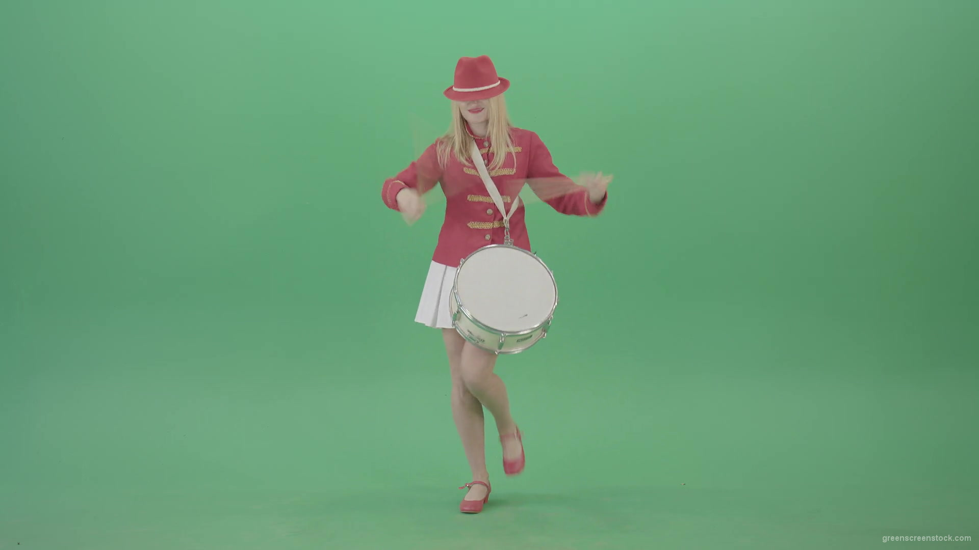 Blonde-Girl-playing-snare-drum-fast-and-marching-on-green-screen-4K-Video-Footage-1920_006 Green Screen Stock
