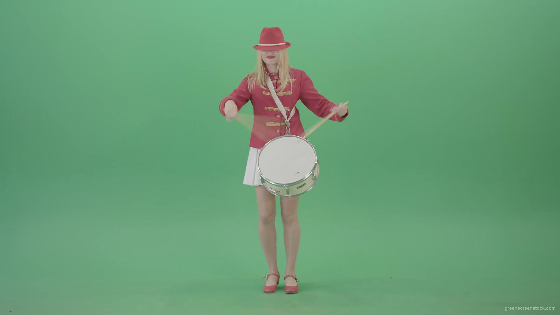 Blonde-Girl-playing-snare-drum-fast-and-marching-on-green-screen-4K-Video-Footage-1920_007 Green Screen Stock