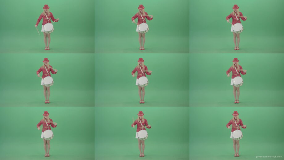 Blonde-woman-in-military-celebration-uniform-play-snare-drum-isolated-on-green-screen-4K-Video-footage-1920 Green Screen Stock