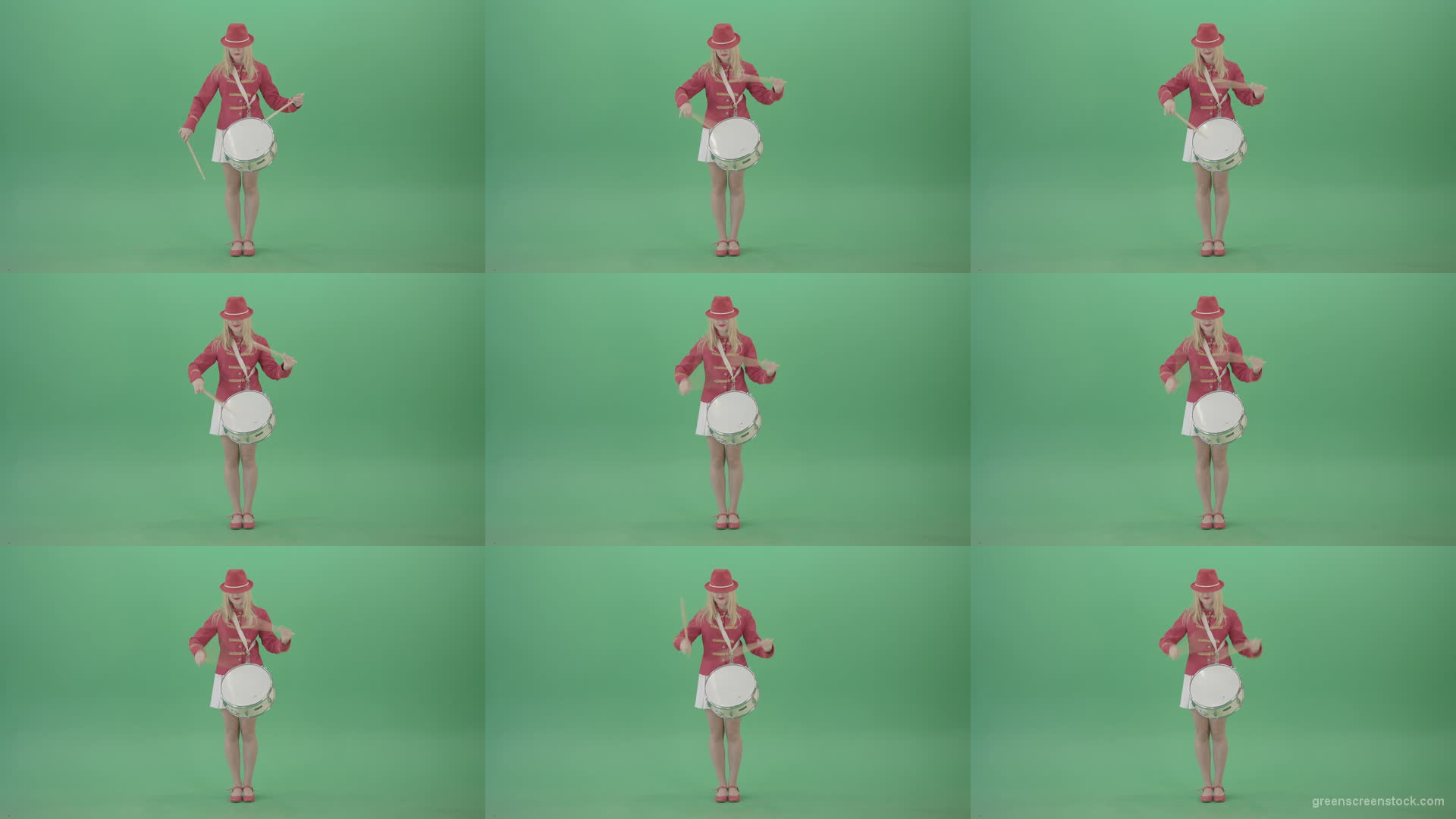 Blonde-woman-in-military-celebration-uniform-play-snare-drum-isolated-on-green-screen-4K-Video-footage-1920 Green Screen Stock
