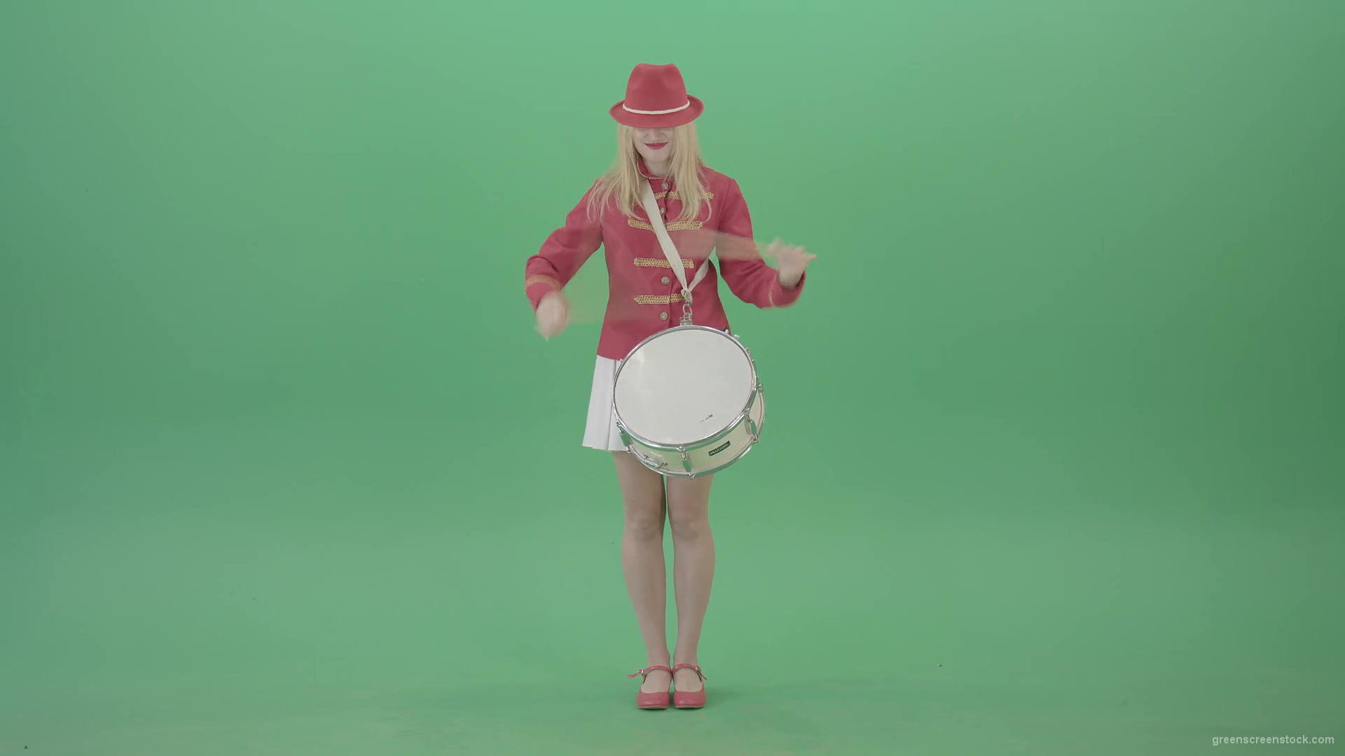 Blonde-woman-in-military-celebration-uniform-play-snare-drum-isolated-on-green-screen-4K-Video-footage-1920_005 Green Screen Stock
