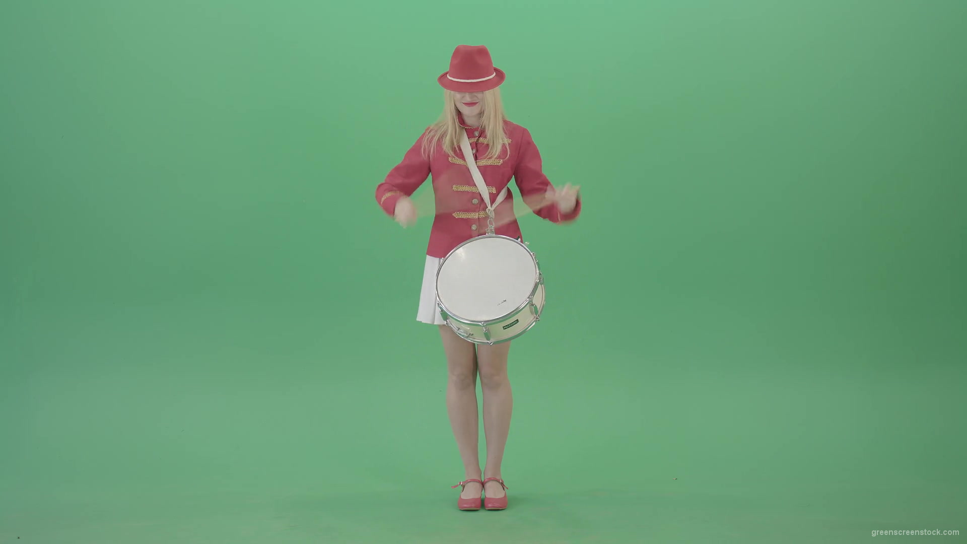 Blonde-woman-in-military-celebration-uniform-play-snare-drum-isolated-on-green-screen-4K-Video-footage-1920_009 Green Screen Stock