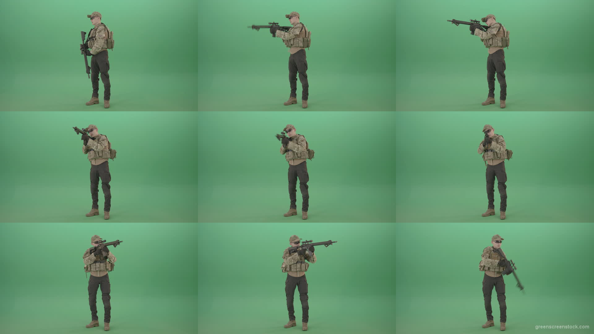 Counter-strike-army-police-man-shooting-enemy-from-machine-gun-in-Camouflage-uniform-on-green-screen-4K-Video-Footage-1920 Green Screen Stock