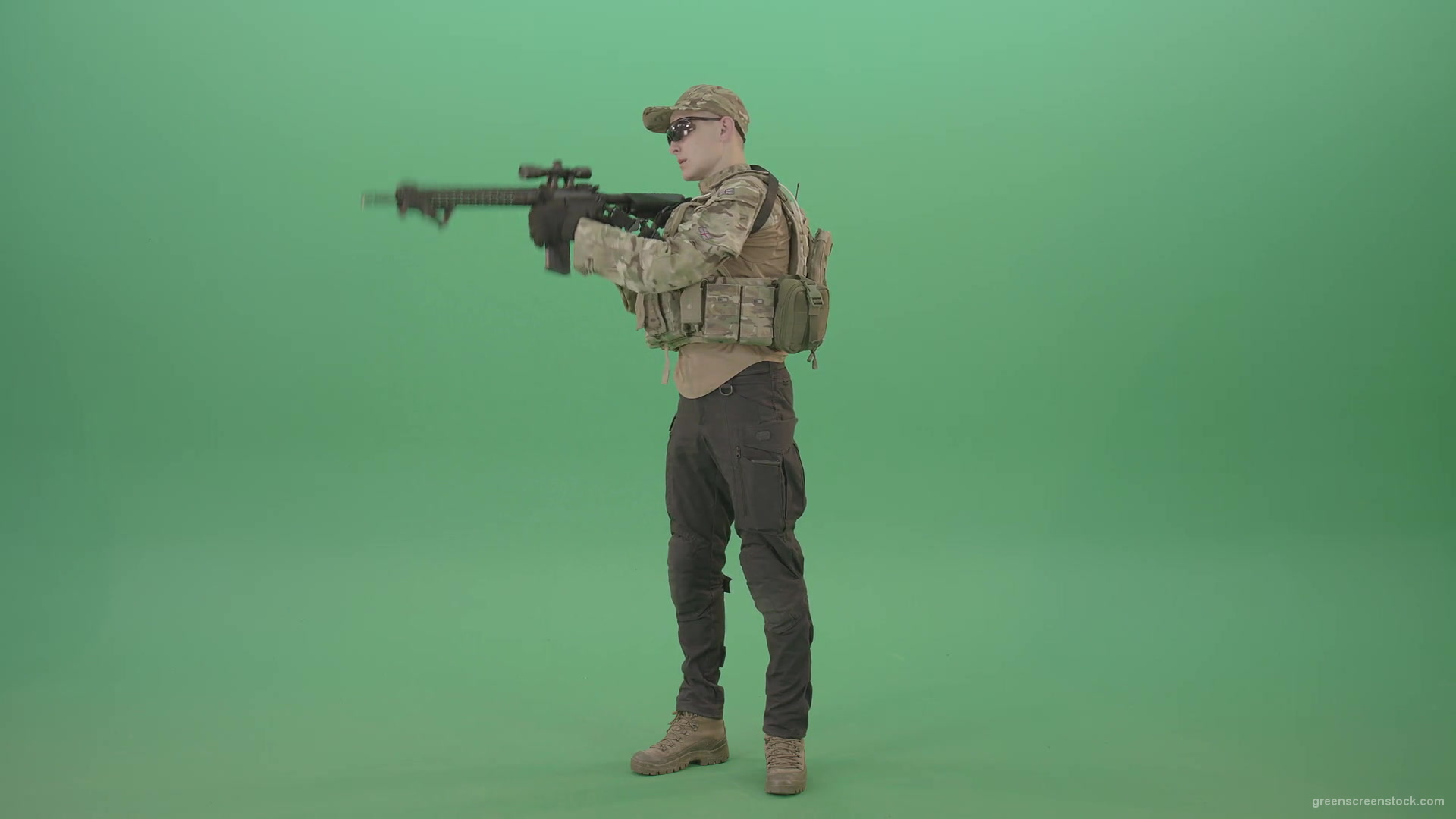 Counter-strike-army-police-man-shooting-enemy-from-machine-gun-in-Camouflage-uniform-on-green-screen-4K-Video-Footage-1920_002 Green Screen Stock