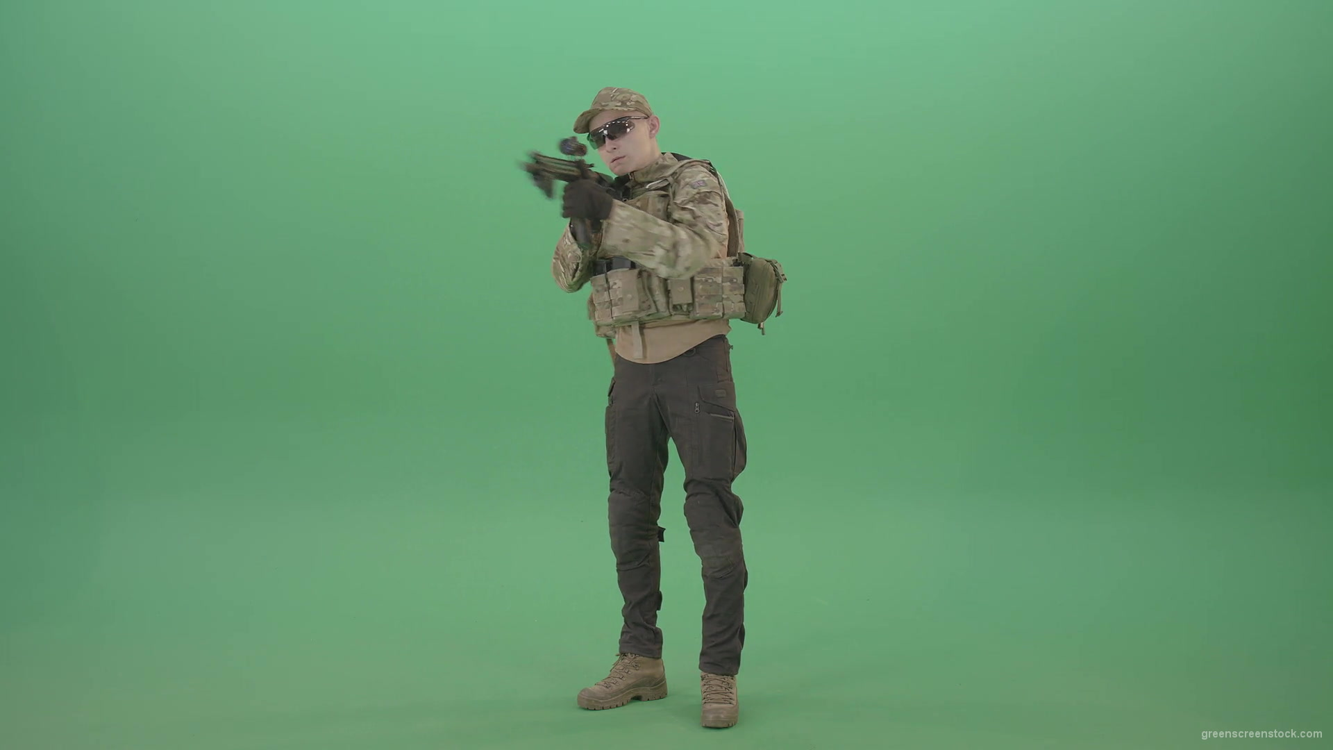 Counter-strike-army-police-man-shooting-enemy-from-machine-gun-in-Camouflage-uniform-on-green-screen-4K-Video-Footage-1920_005 Green Screen Stock