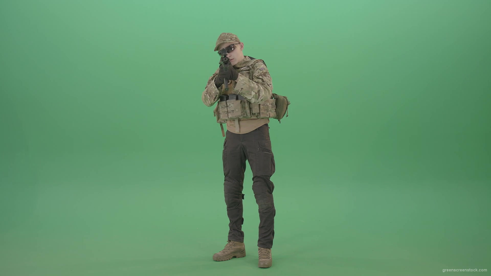 Counter-strike-army-police-man-shooting-enemy-from-machine-gun-in-Camouflage-uniform-on-green-screen-4K-Video-Footage-1920_006 Green Screen Stock