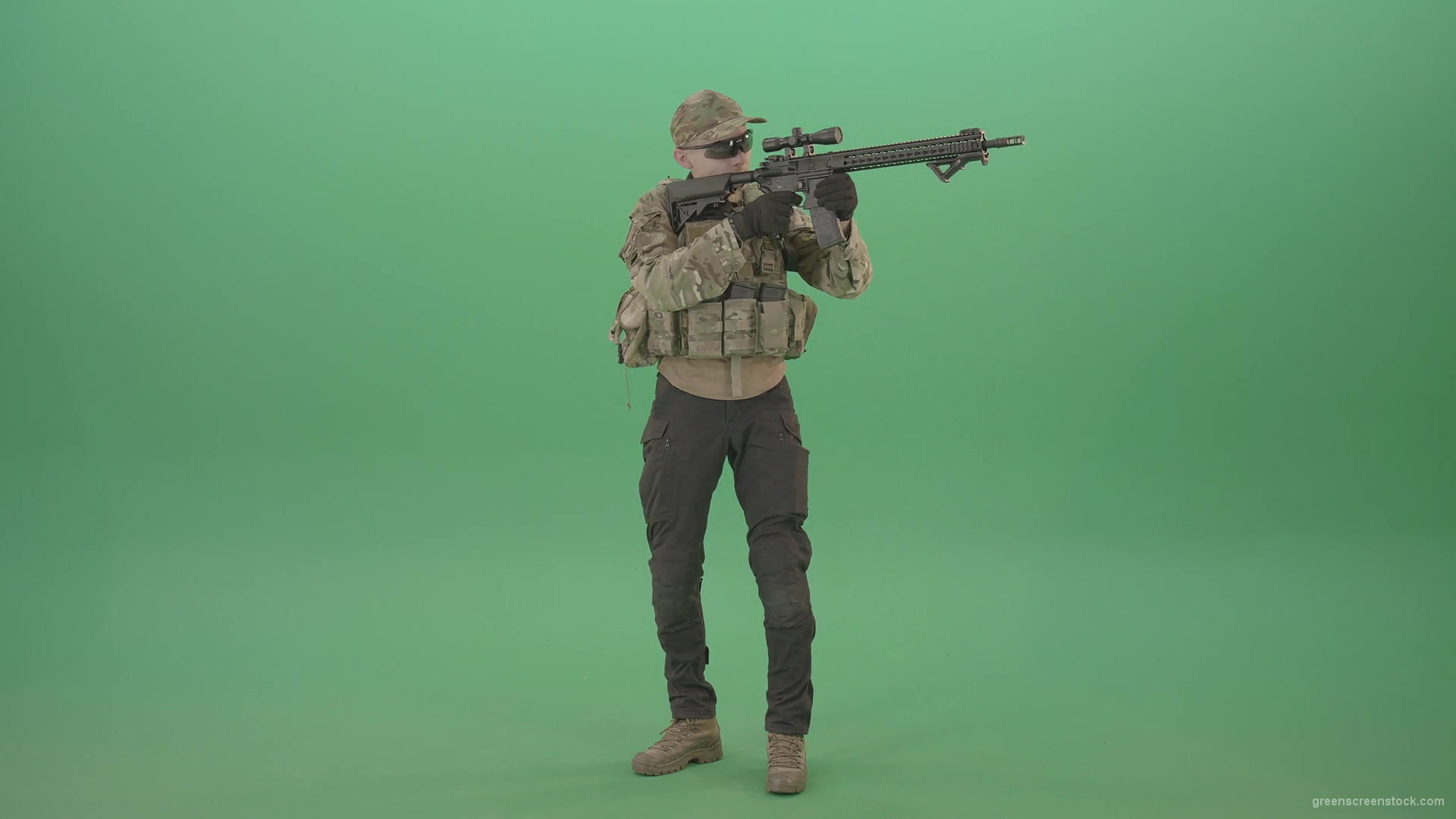 Counter-strike-army-police-man-shooting-enemy-from-machine-gun-in-Camouflage-uniform-on-green-screen-4K-Video-Footage-1920_008 Green Screen Stock