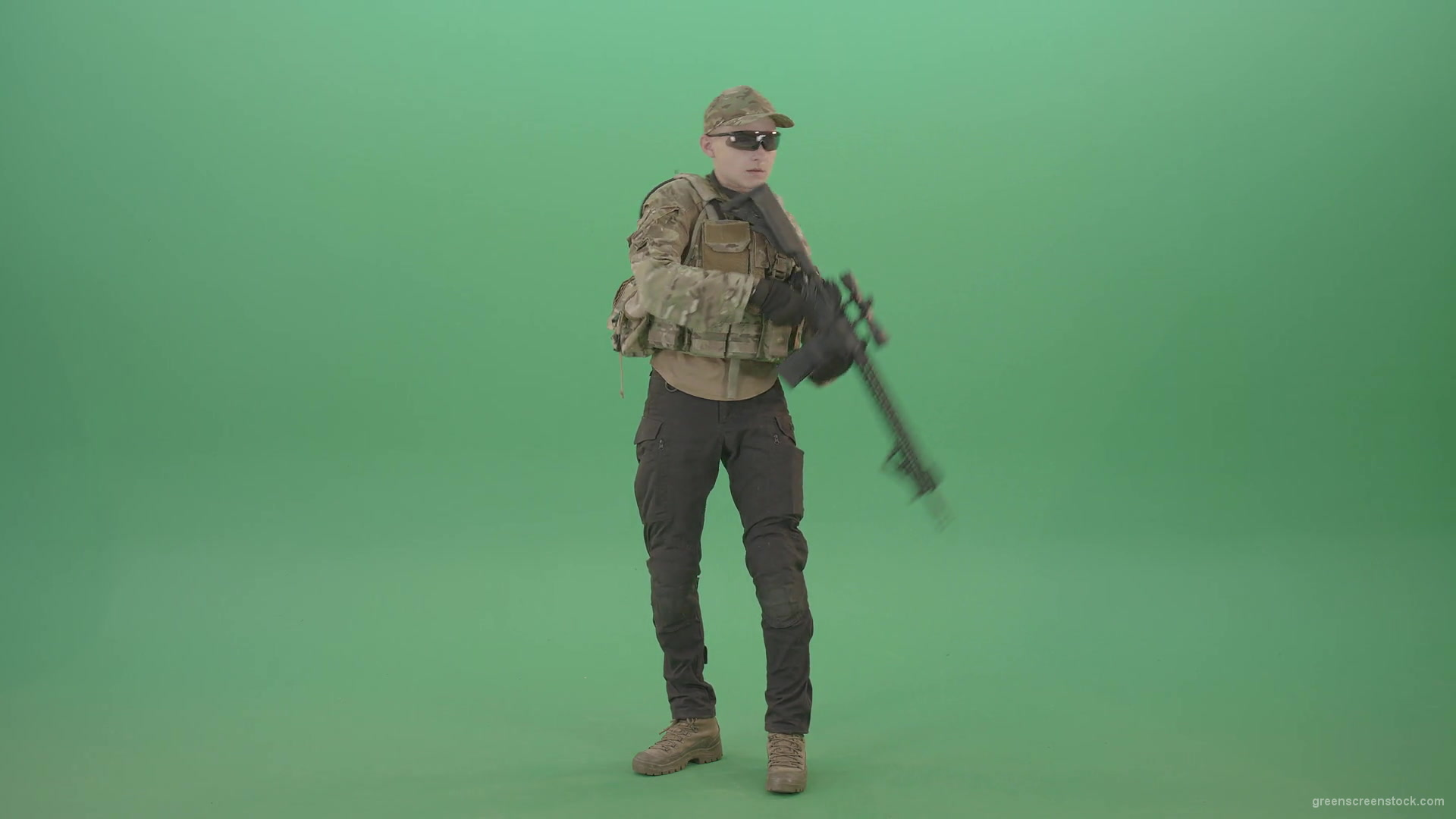 Counter-strike-army-police-man-shooting-enemy-from-machine-gun-in-Camouflage-uniform-on-green-screen-4K-Video-Footage-1920_009 Green Screen Stock
