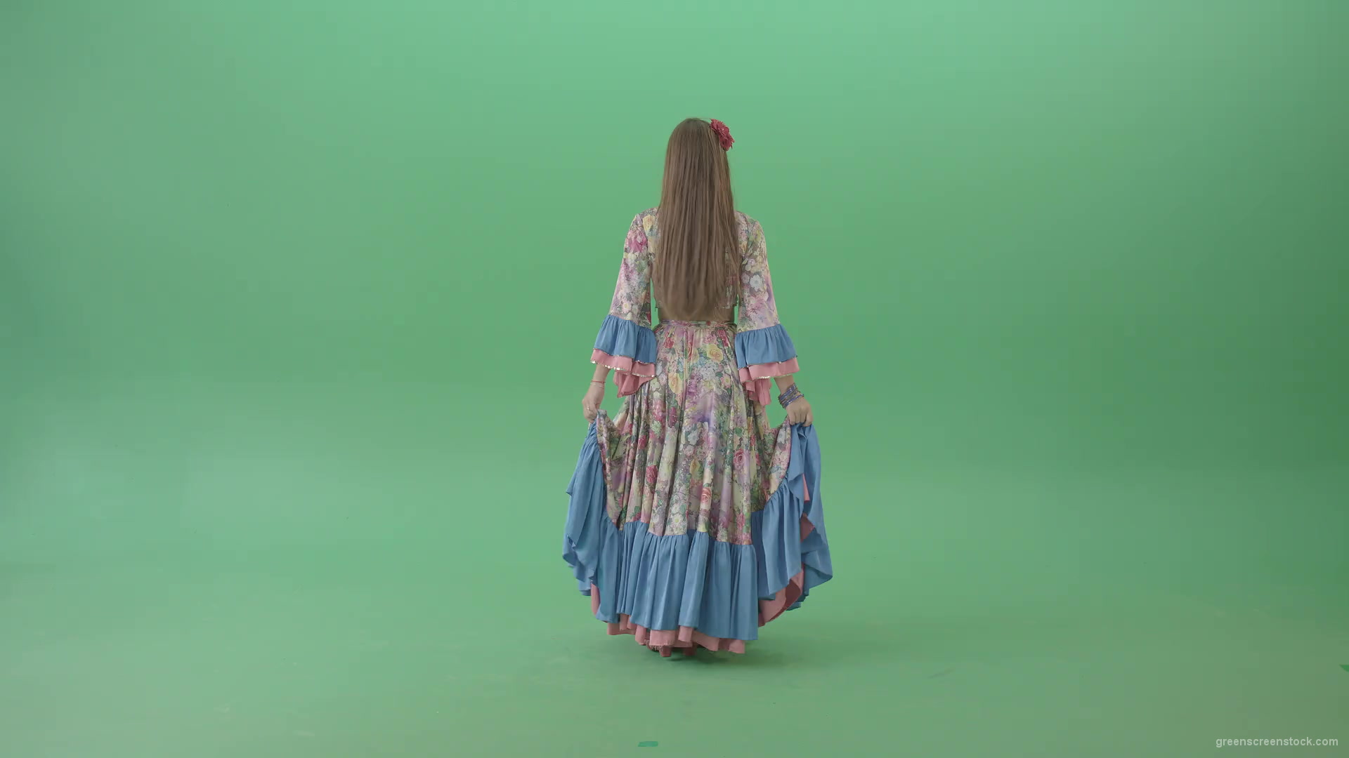 Dancing-gipsy-girl-waving-balkan-dress-from-back-view-isolated-on-green-screen-4K-Video-Stock-Footage-1920_001 Green Screen Stock