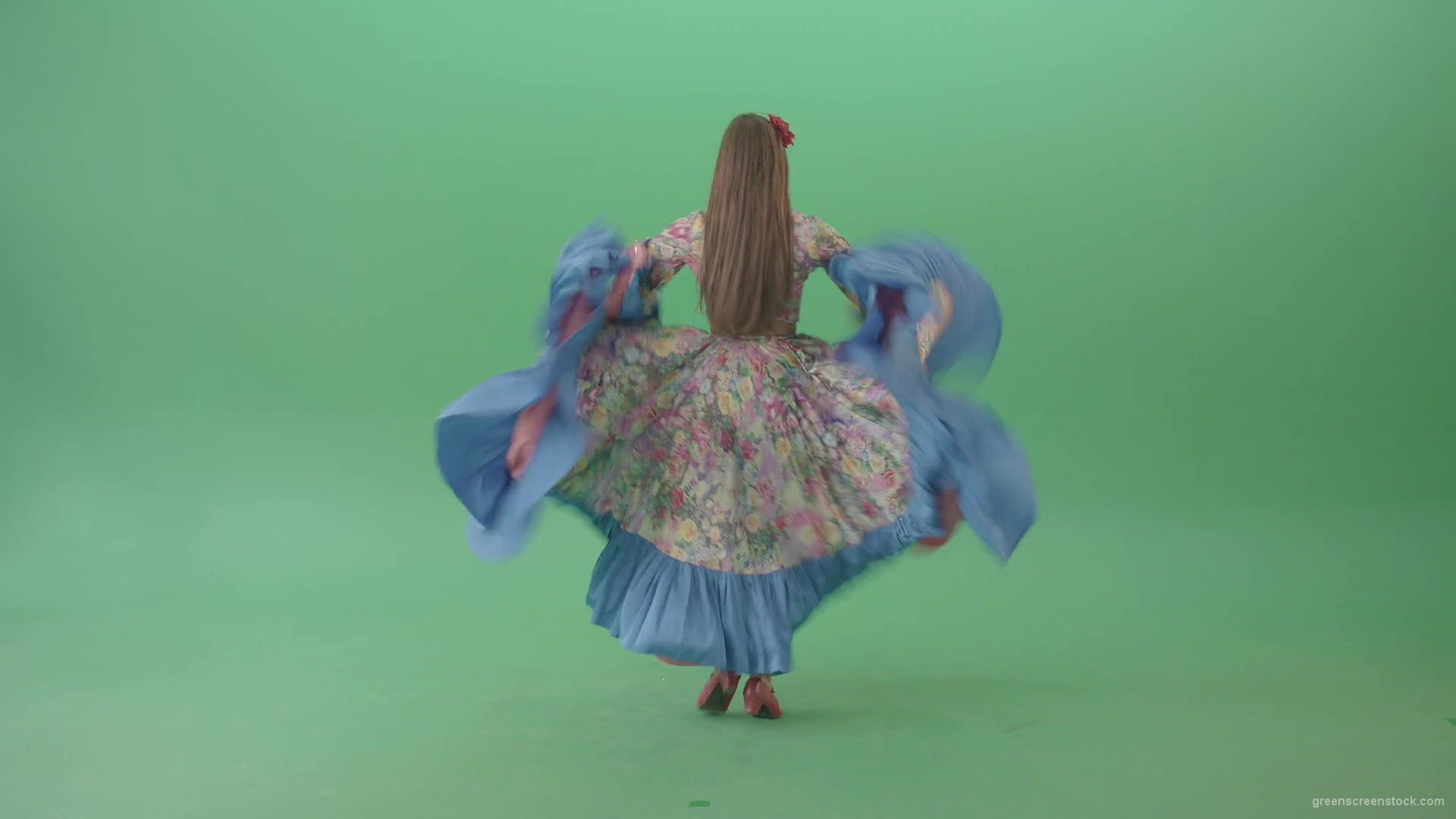 Dancing-gipsy-girl-waving-balkan-dress-from-back-view-isolated-on-green-screen-4K-Video-Stock-Footage-1920_004 Green Screen Stock