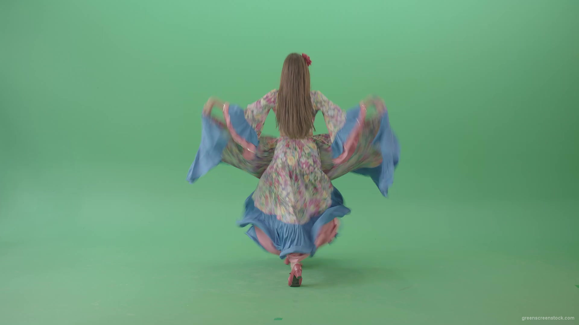 Dancing-gipsy-girl-waving-balkan-dress-from-back-view-isolated-on-green-screen-4K-Video-Stock-Footage-1920_006 Green Screen Stock