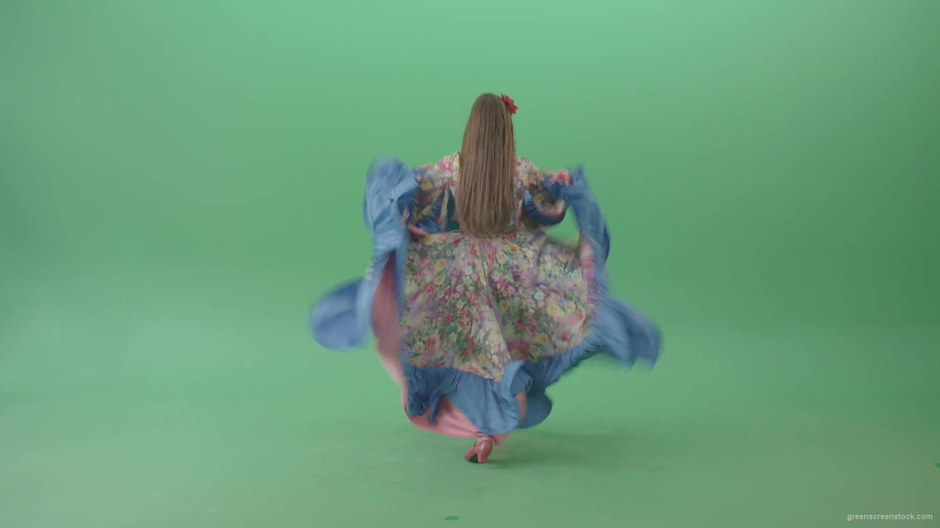 Dancing-gipsy-girl-waving-balkan-dress-from-back-view-isolated-on-green-screen-4K-Video-Stock-Footage-1920_008 Green Screen Stock