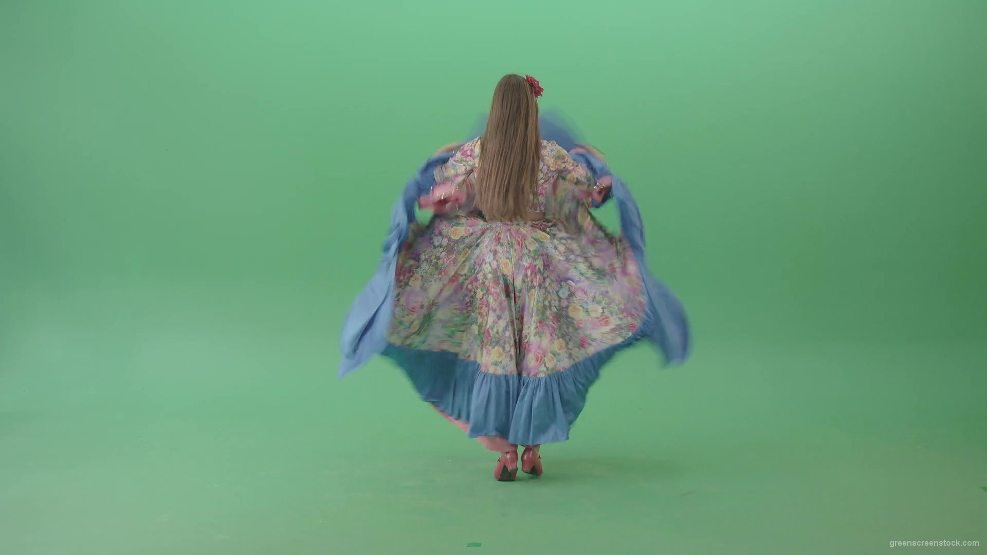 Dancing-gipsy-girl-waving-balkan-dress-from-back-view-isolated-on-green-screen-4K-Video-Stock-Footage-1920_009 Green Screen Stock