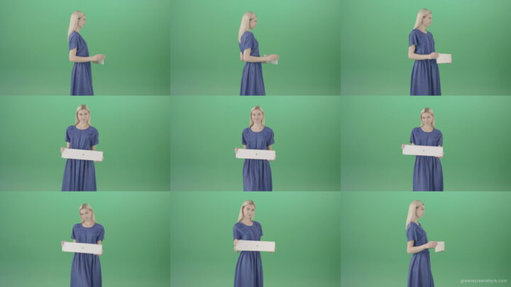 Elegant-Woman-in-blue-dress-posing-with-advertisment-text-plane-mockup-and-posing-isolated-on-Green-Screen-4K-Video-Footage-1920 Green Screen Stock