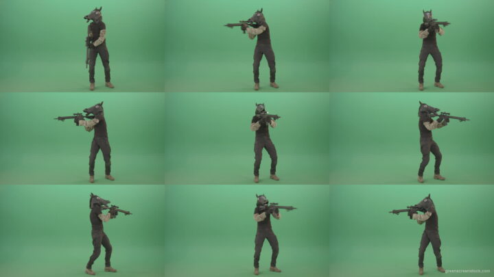 Front-view-Army-Man-in-horse-mask-shooting-from-Machine-Gun-isolated-on-Chromakey-Green-Screen-4K-Video-Footage-1920 Green Screen Stock