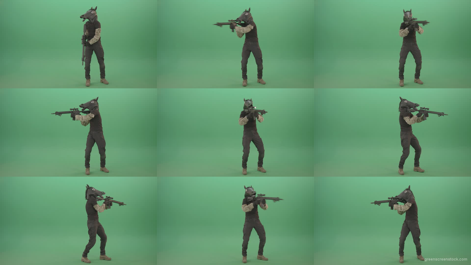Front-view-Army-Man-in-horse-mask-shooting-from-Machine-Gun-isolated-on-Chromakey-Green-Screen-4K-Video-Footage-1920 Green Screen Stock