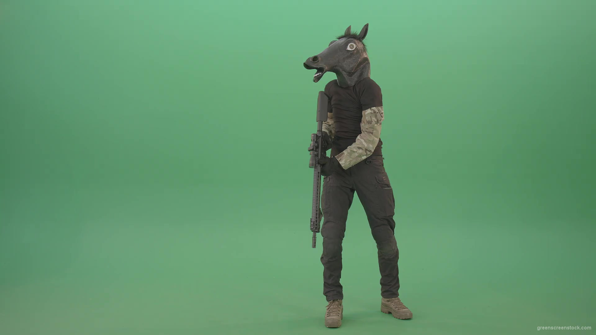 Front-view-Army-Man-in-horse-mask-shooting-from-Machine-Gun-isolated-on-Chromakey-Green-Screen-4K-Video-Footage-1920_001 Green Screen Stock