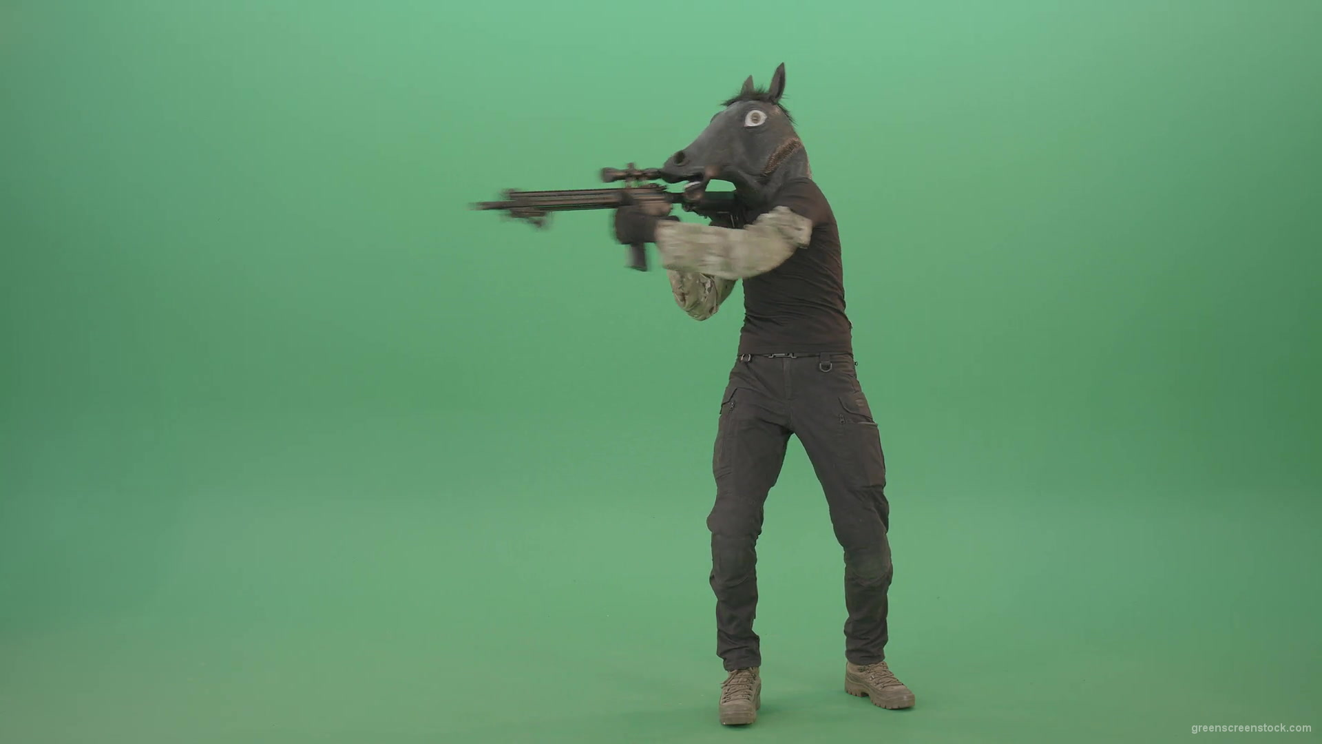 Front-view-Army-Man-in-horse-mask-shooting-from-Machine-Gun-isolated-on-Chromakey-Green-Screen-4K-Video-Footage-1920_002 Green Screen Stock