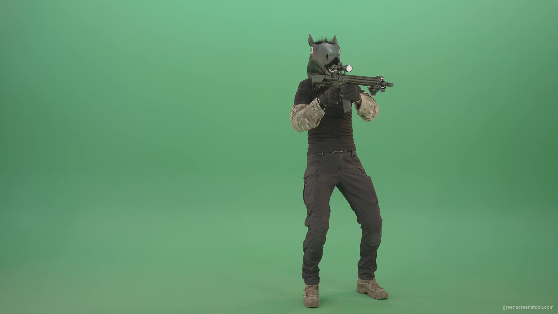 Front-view-Army-Man-in-horse-mask-shooting-from-Machine-Gun-isolated-on-Chromakey-Green-Screen-4K-Video-Footage-1920_005 Green Screen Stock