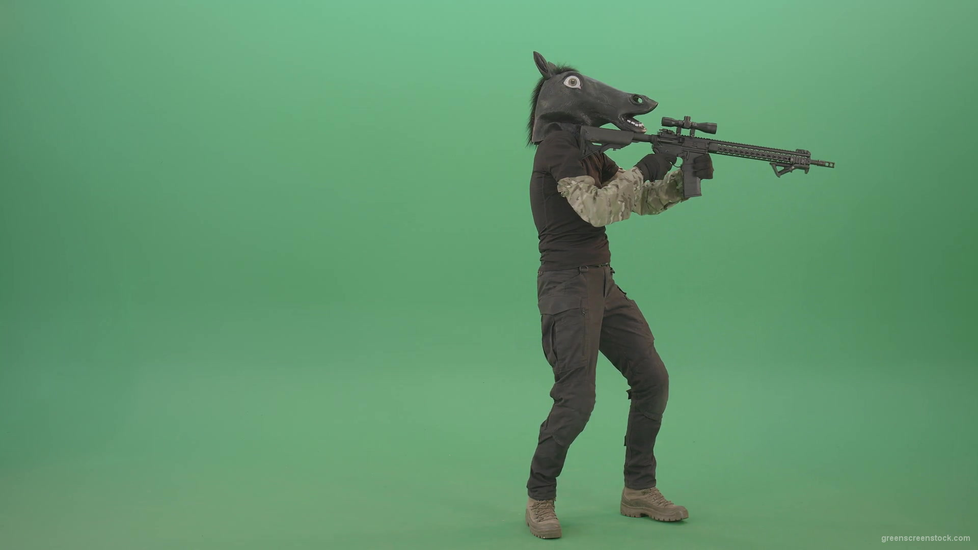 Front-view-Army-Man-in-horse-mask-shooting-from-Machine-Gun-isolated-on-Chromakey-Green-Screen-4K-Video-Footage-1920_006 Green Screen Stock