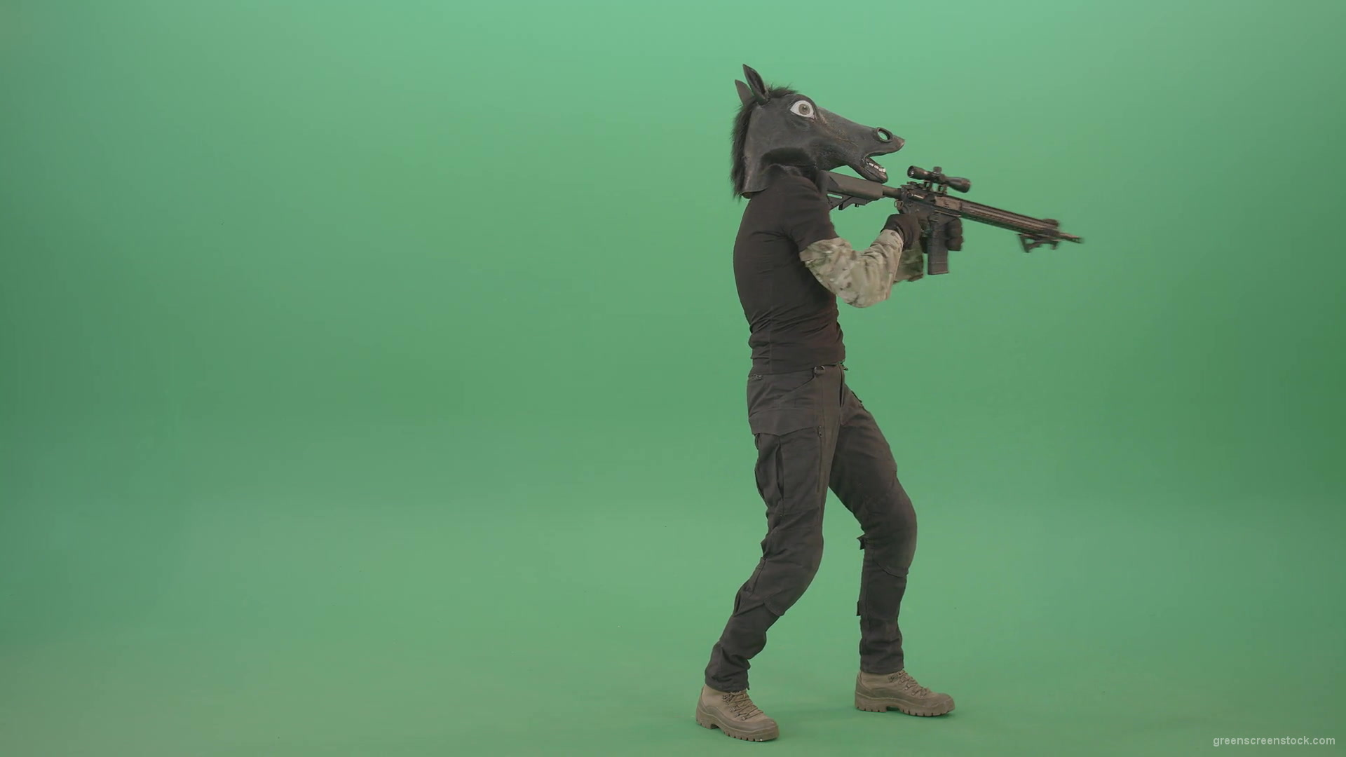 Front-view-Army-Man-in-horse-mask-shooting-from-Machine-Gun-isolated-on-Chromakey-Green-Screen-4K-Video-Footage-1920_007 Green Screen Stock