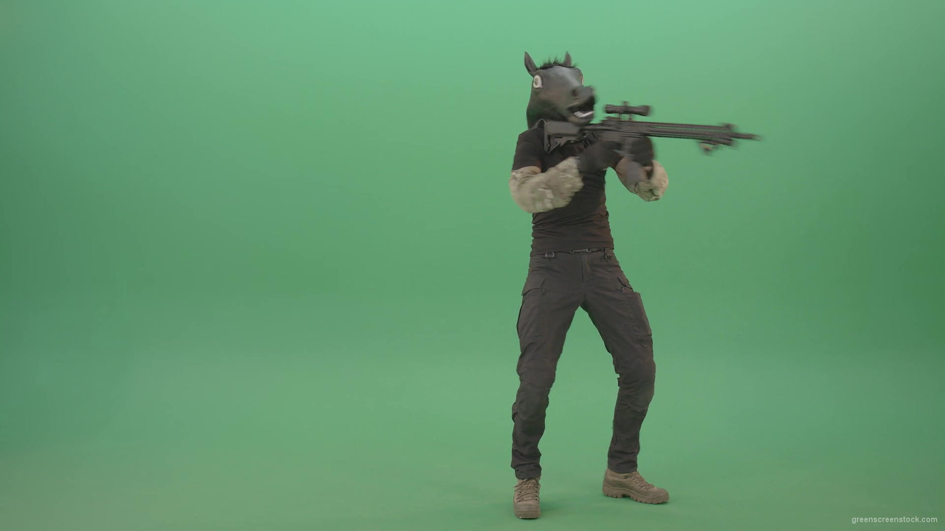 Front-view-Army-Man-in-horse-mask-shooting-from-Machine-Gun-isolated-on-Chromakey-Green-Screen-4K-Video-Footage-1920_008 Green Screen Stock