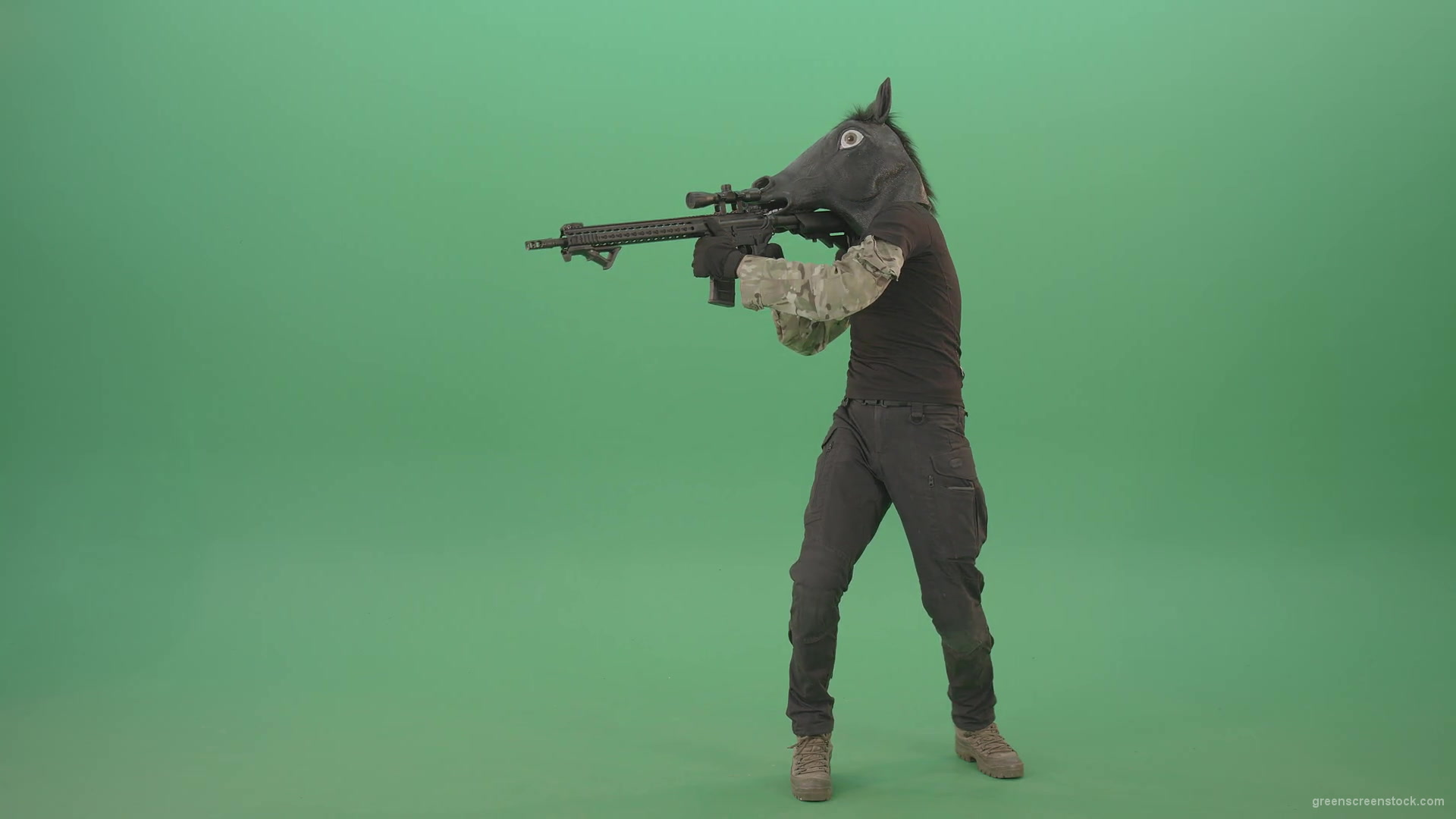 Front-view-Army-Man-in-horse-mask-shooting-from-Machine-Gun-isolated-on-Chromakey-Green-Screen-4K-Video-Footage-1920_009 Green Screen Stock