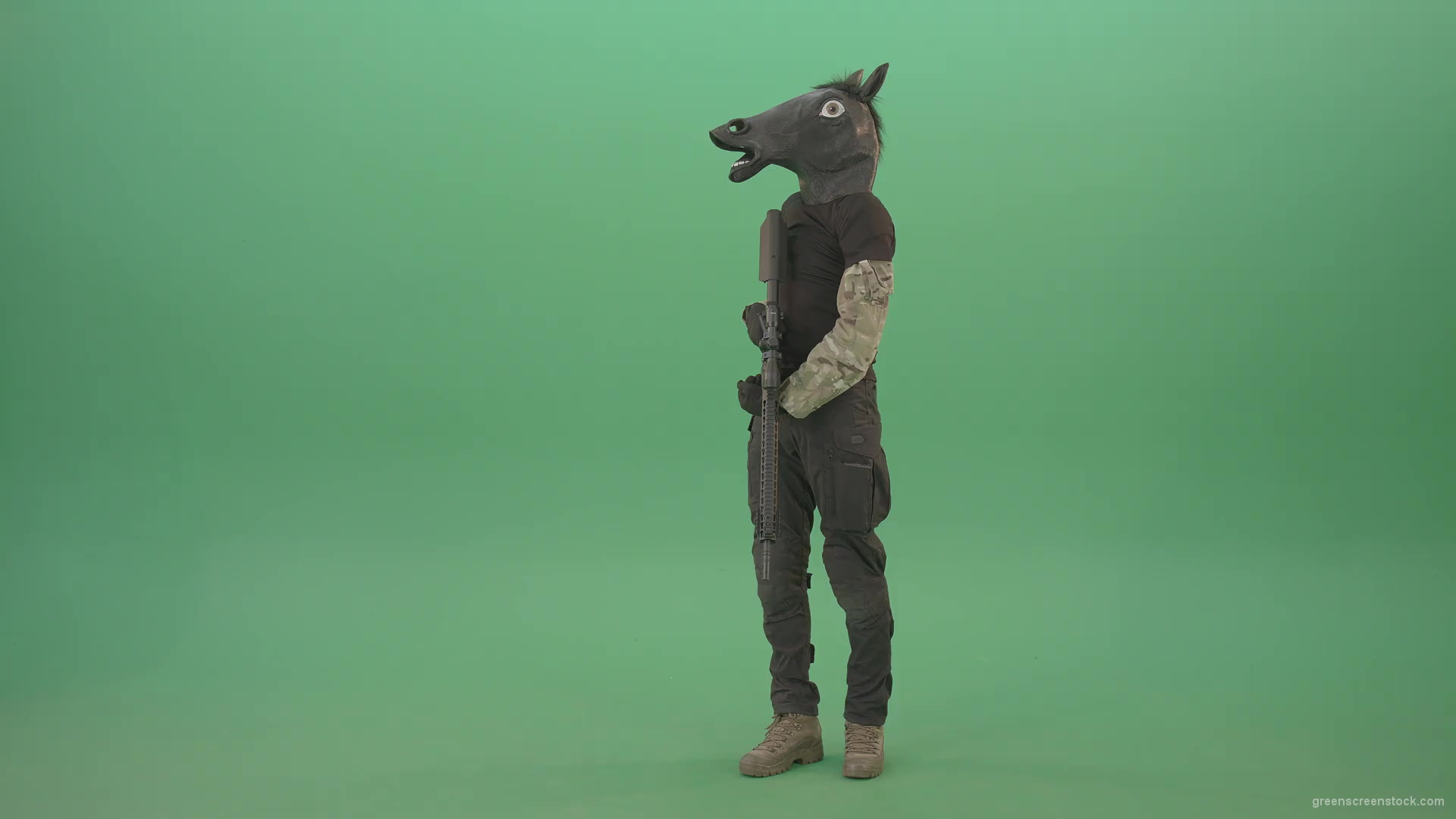 Funny-Army-Horse-Man-shooting-animals-on-Green-Screen-from-Machine-Gun-4K-Video-Footage-1920_001 Green Screen Stock