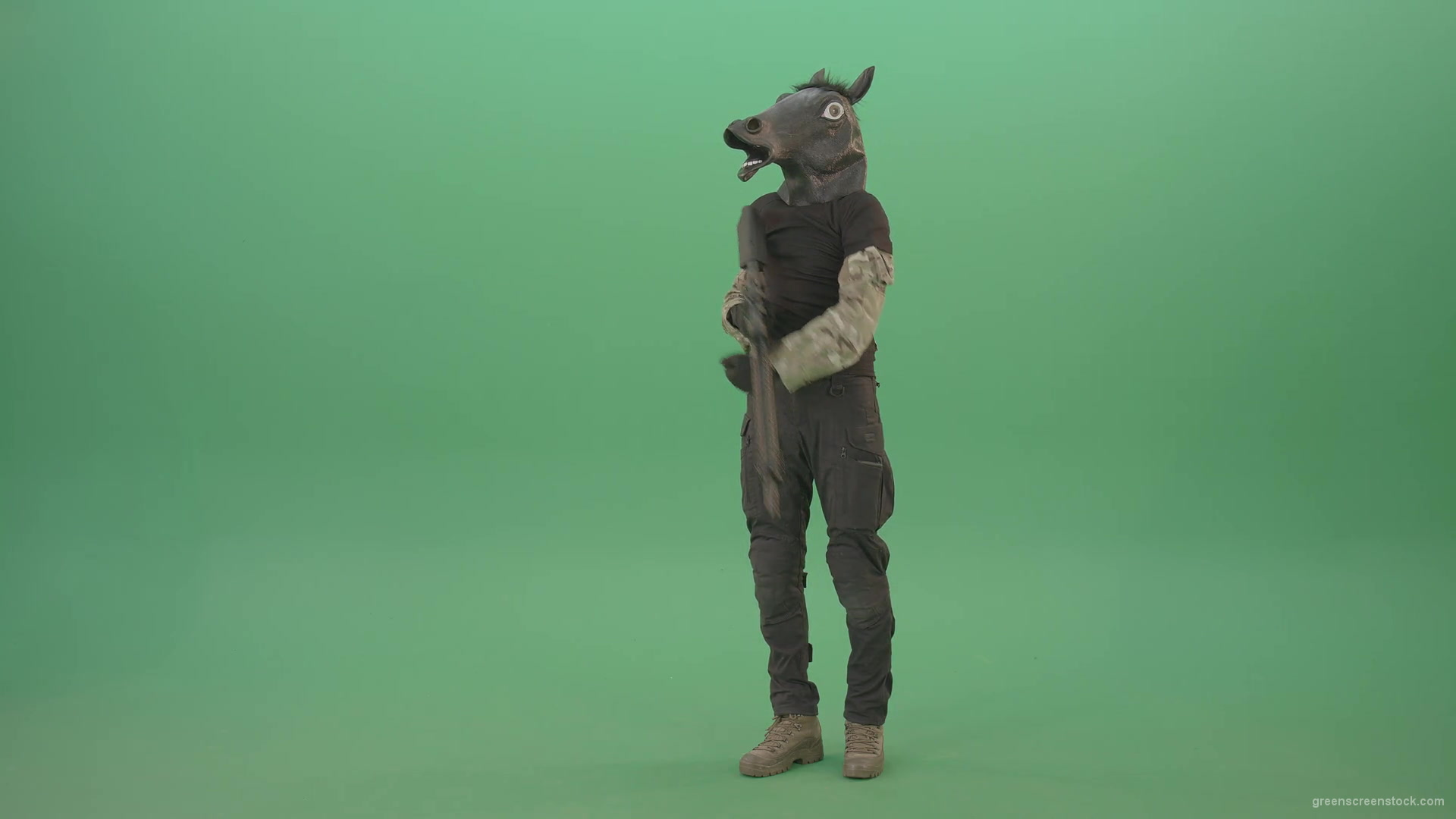 Funny-Army-Horse-Man-shooting-animals-on-Green-Screen-from-Machine-Gun-4K-Video-Footage-1920_002 Green Screen Stock