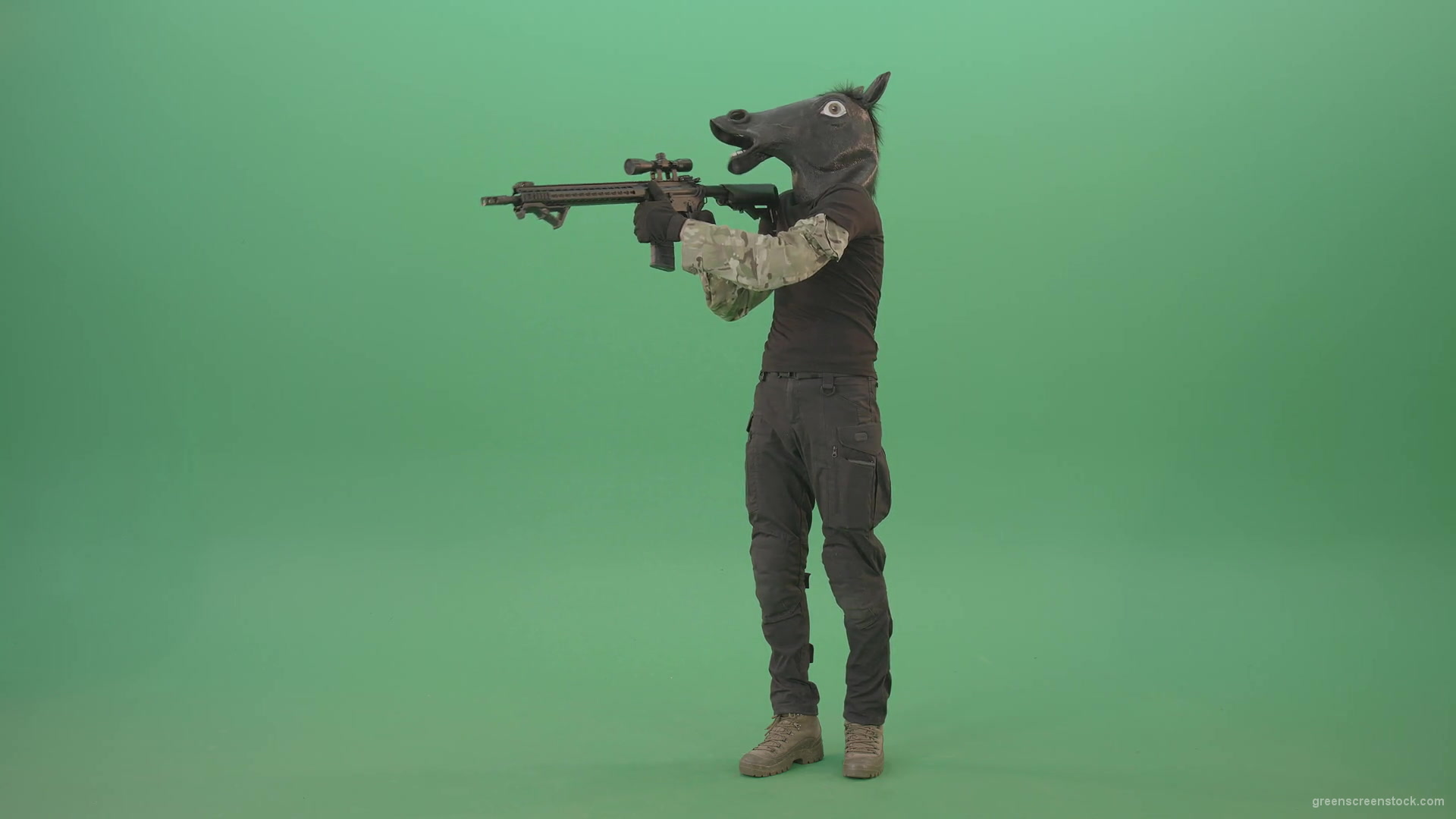 Funny-Army-Horse-Man-shooting-animals-on-Green-Screen-from-Machine-Gun-4K-Video-Footage-1920_005 Green Screen Stock