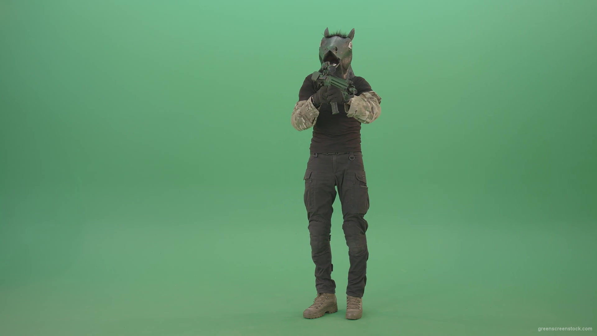 Funny-Army-Horse-Man-shooting-animals-on-Green-Screen-from-Machine-Gun-4K-Video-Footage-1920_006 Green Screen Stock