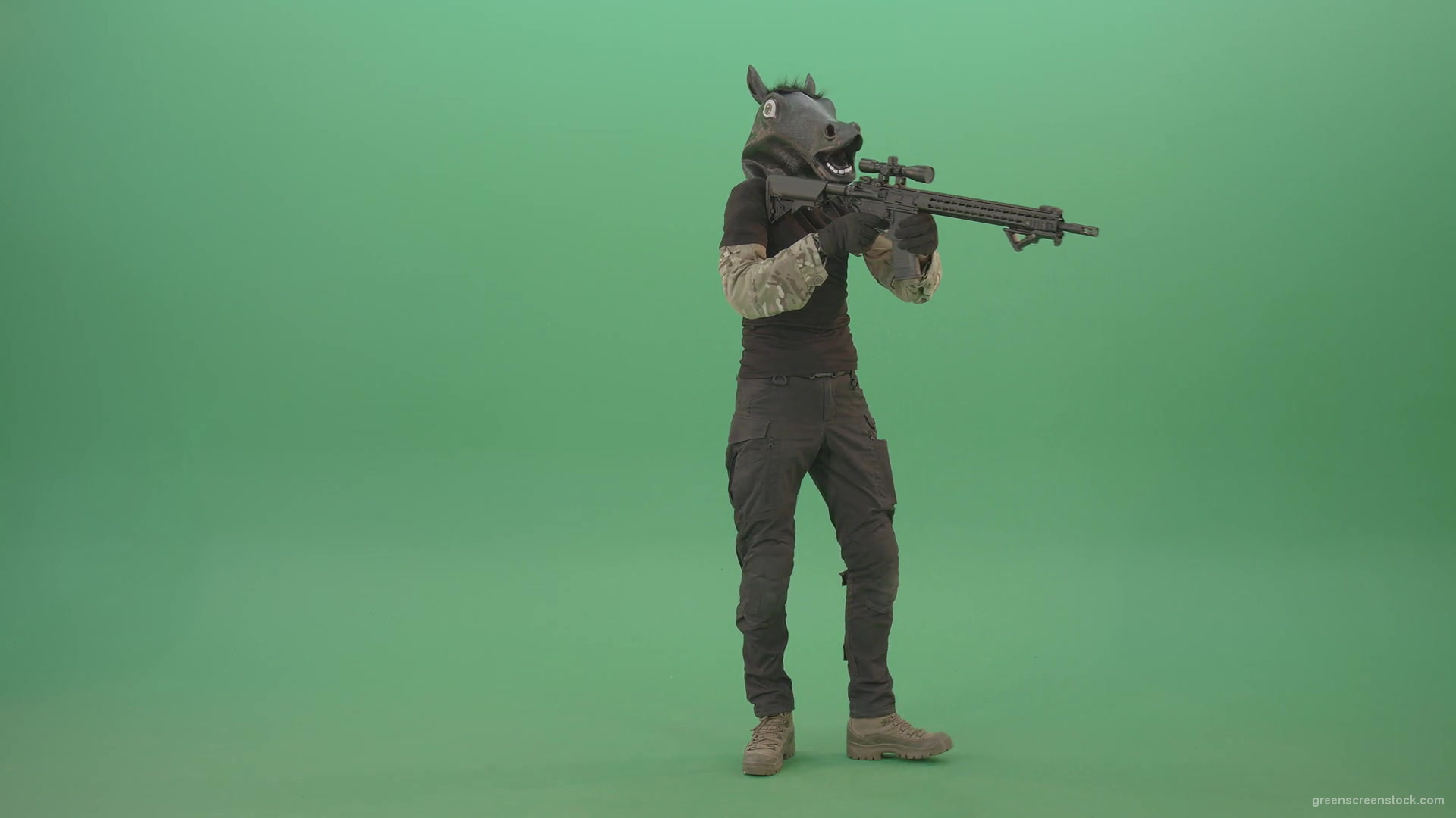 Funny-Army-Horse-Man-shooting-animals-on-Green-Screen-from-Machine-Gun-4K-Video-Footage-1920_007 Green Screen Stock